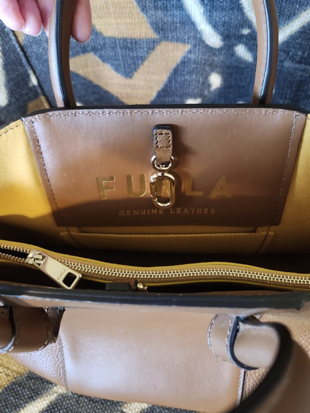 Furla Gilda Cognac Brown Leather Mini Tote Handbag NWOT Mustard Suede Giftable - Picture 6 of 10